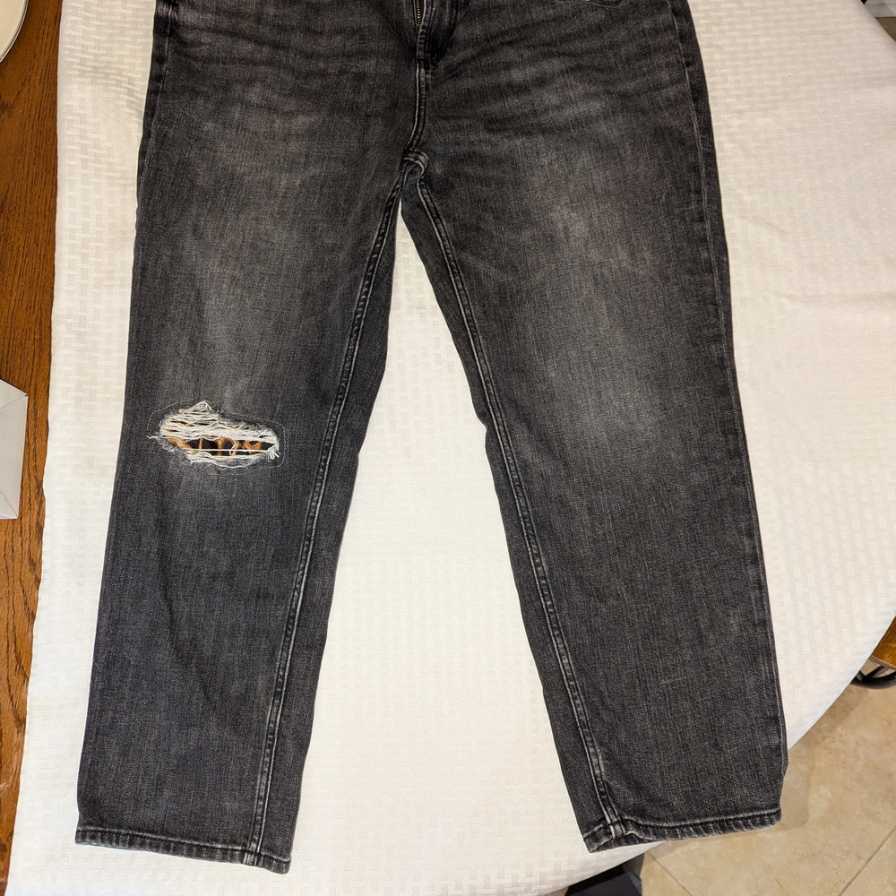 Chico's Women's Distressed Black Jeans With Leopard Print Accents. Size 14R.